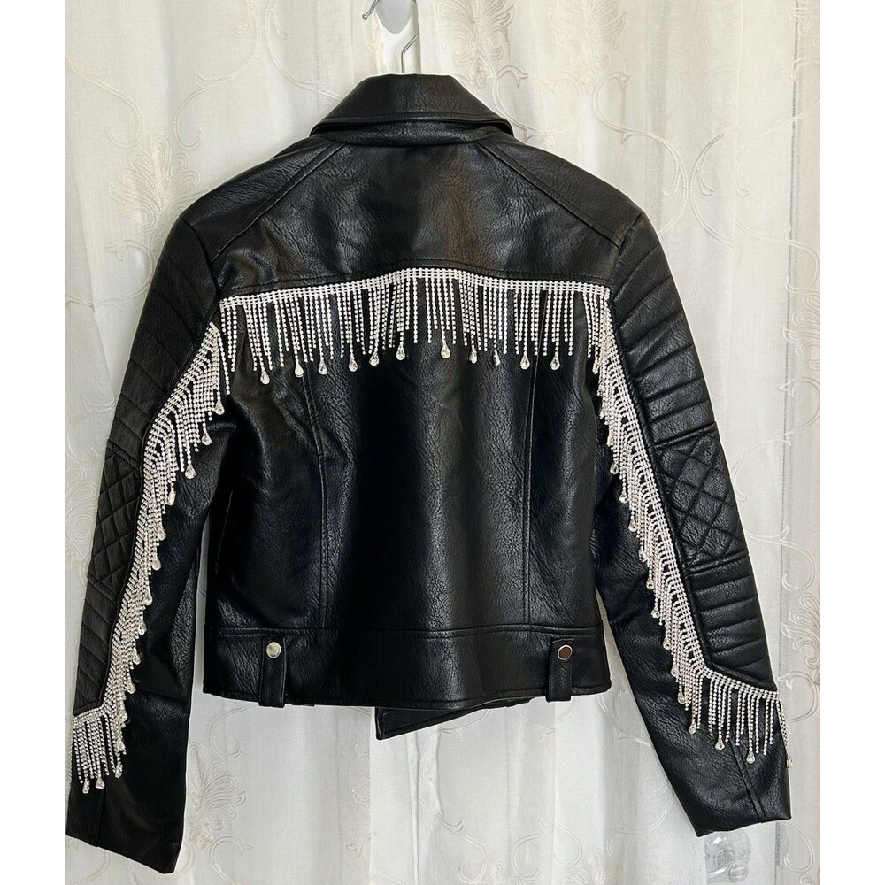 ESY Studio EY Black Vegan Faux Leather Biker Jacket Crystal Fringe Moto Size M